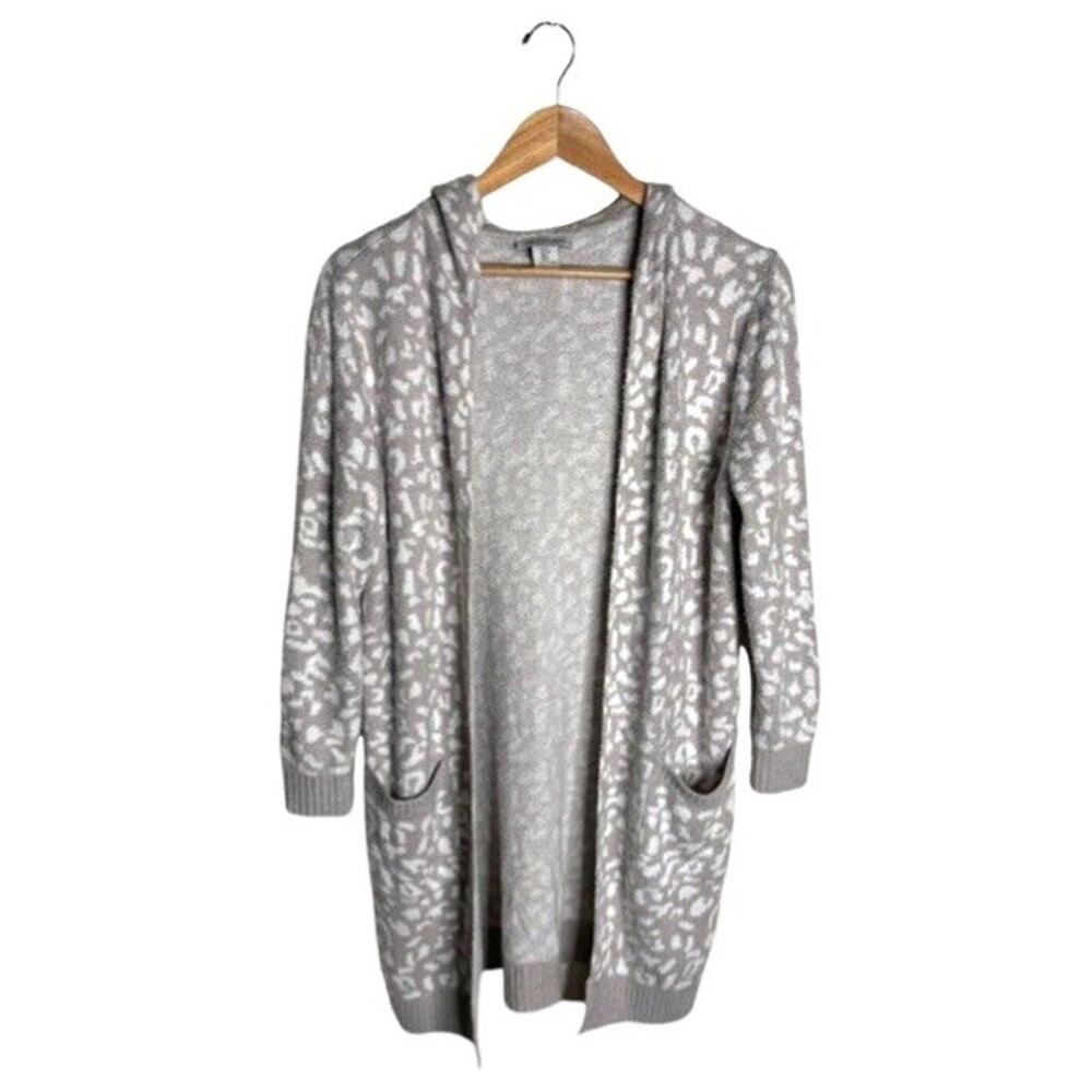 Rachel Zoe Leopard Print Hooded Cardigan Small Open Gray Pockets Oversized Cozy